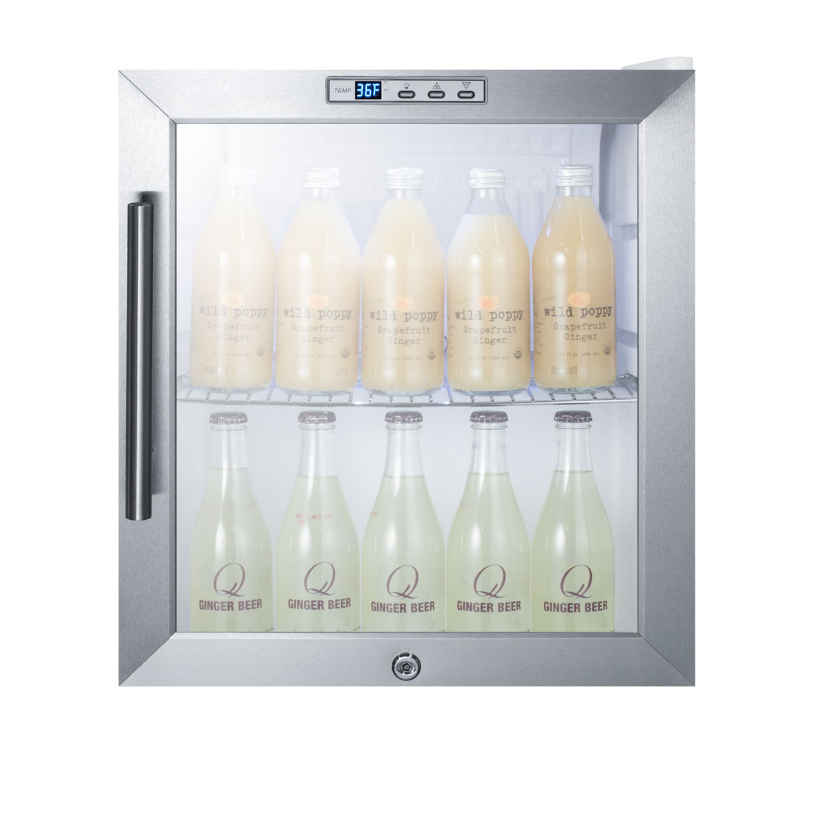 Commercially approved glass door refrigerator designed for the display and refrigeration of beverages or sealed food, with digital thermostat and white cabinet finish